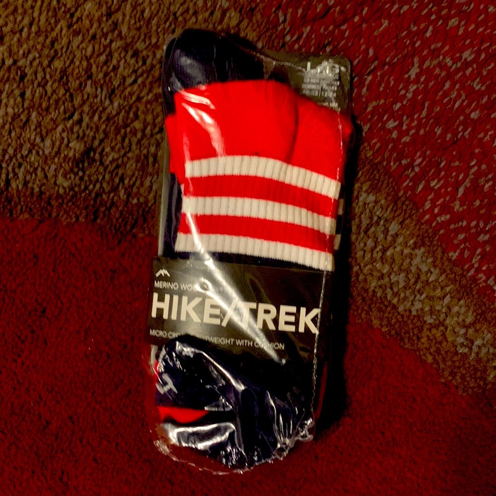 Pair of Red/White/Blue Merino Wool Hoke/Trek hiking socks by Darn Tough